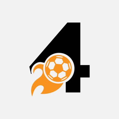 Harf 4 Futbol Logosu Hareketli Futbol Simgesi ve Ateş sembolü. Futbol Logosu Vektör Şablonu