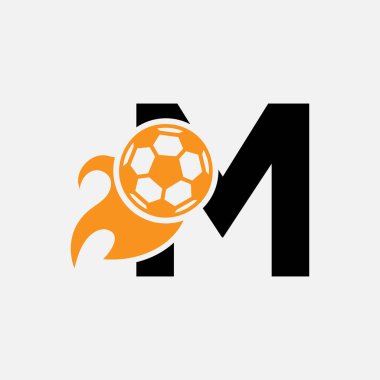 Hareket eden futbol ikonu ve ateş sembollü M harfi futbol logosu kavramı. Futbol Logosu Vektör Şablonu