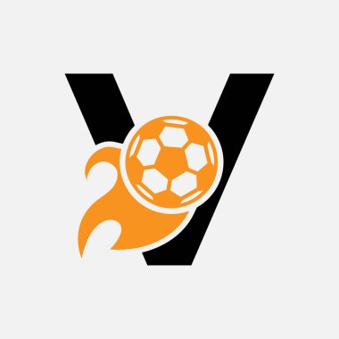 Hareket eden futbol ikonu ve ateş sembollü V harfli futbol logosu. Futbol Logosu Vektör Şablonu