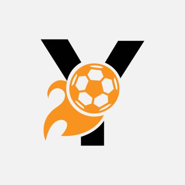 Hareket eden futbol ikonu ve ateş sembollü Y harfli futbol logosu. Futbol Logosu Vektör Şablonu