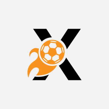 Hareket eden futbol ikonu ve ateş sembollü X harfi futbol logosu kavramı. Futbol Logosu Vektör Şablonu