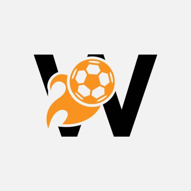 Hareket eden futbol ikonu ve ateş sembollü W harfli futbol logosu. Futbol Logosu Vektör Şablonu