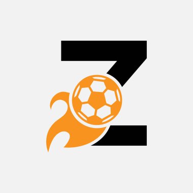 Hareket eden futbol ikonu ve ateş sembollü Z harfli futbol logosu. Futbol Logosu Vektör Şablonu