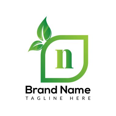 Eco Logo On Letter N Template. Eco On N Letter, Initial Eco, Leaf, Nature, Green Sign Concept