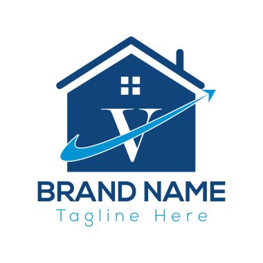 V harfi şablonunda ev logosu. İlk Ev İşareti Kavram Şablonu