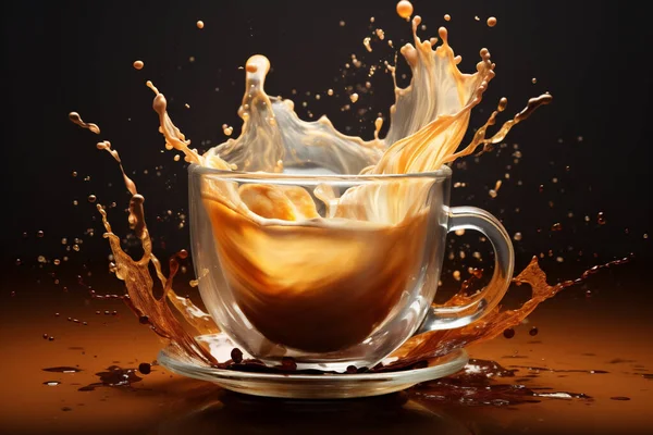 Kawa Lub Herbata Rozpryskiem Mleka Przezroczystej Filiżance — Zdjęcie stockowe