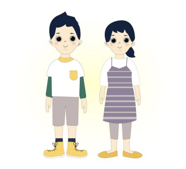 Farklı giysiler içinde mutlu çocuklar. Kitapları ve sırt çantaları olan öğrenciler. Vektör. Anaokulu öğrencilerinin çocukları. Farklı pozlarda, kıyafetlerde, giyimlerde genç karakterler. Çocuk mankenleri. Çocuk kıyafetleri..