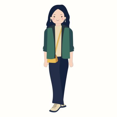 Moda kıyafetleri giymiş şık genç kadınların derlemesi. Moda ve resmi kıyafetler seti. Bir avuç sevimli hippi kız ya da moda belirleyicisi. Düz çizgi film renkli vektör çizimi.