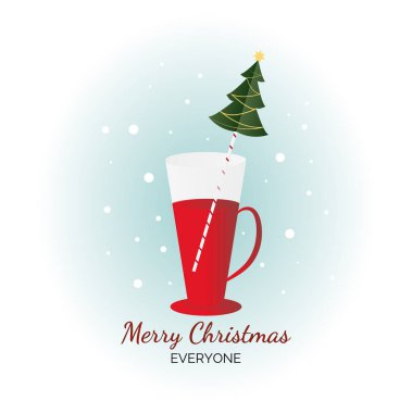 İçinde kırmızı kahve, krem şanti ve Noel karamel şekeri olan bir Noel kartı. Kar tanesiyle sıcak içecek. Beyaz arkaplanda izole edilmiş vektör çizimi. Xmas