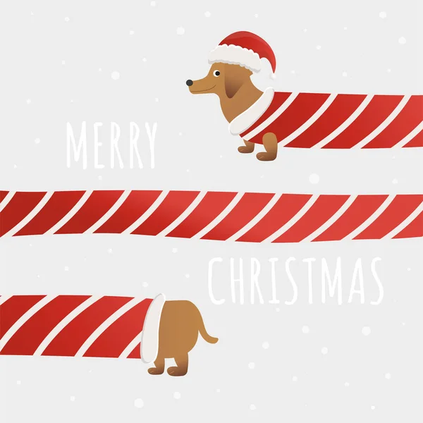 Noel kartı. Noel şapkalı, eşarplı, kar taneli ve harfli komik köpek. Vektör çizimi. Dekor, tasarım, baskı, poster, çıkartma, tişört ve nakış için.