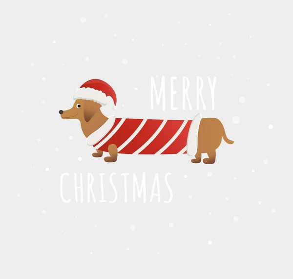 Noel kartı. Noel şapkalı, eşarplı, kar taneli ve harfli komik köpek. Vektör çizimi. Dekor, tasarım, baskı, poster, çıkartma, tişört ve nakış için.