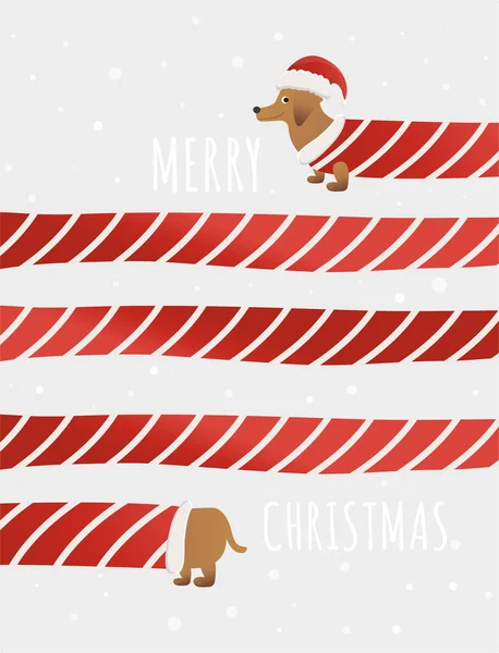 Noel kartı. Noel şapkalı, eşarplı, kar taneli ve harfli komik köpek. Vektör çizimi. Dekor, tasarım, baskı, poster, çıkartma, tişört ve nakış için.