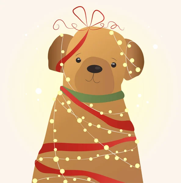 Joyeux Chien Avec Une Guirlande Noël Félicitations Pour Une Nouvelle — Image vectorielle