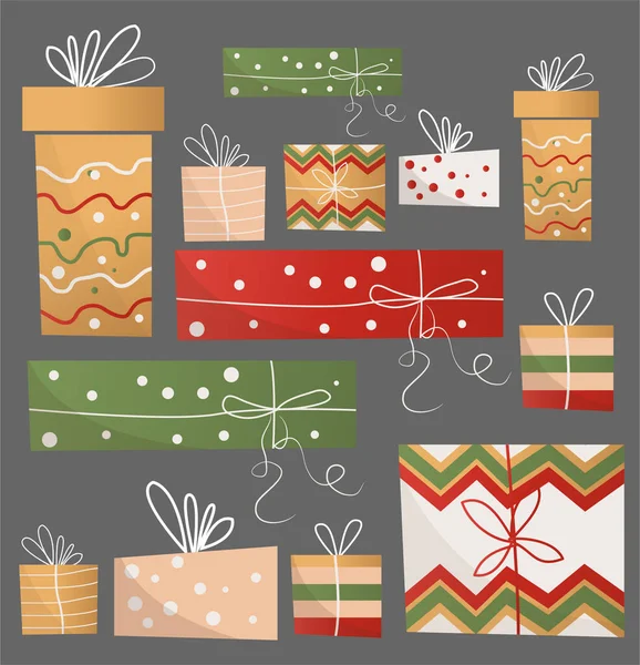 Ensemble Boîtes Cadeaux Différentes Belle Boîte Cadeau Avec Arc Écrasant — Image vectorielle