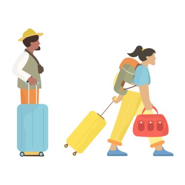 Turist karakterleri. Genç çift aile, sırt çantaları ve çantalar, bavullar ile seyahat eden turistler. Yaz tatili insanlar vektör izole. Yaz turist karakteri, kadın ve erkek İllüstrasyon
