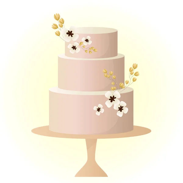 Esküvői Torta Díszített Virágok Levelek Születésnapi Vagy Esküvői Torta — Stock Vector