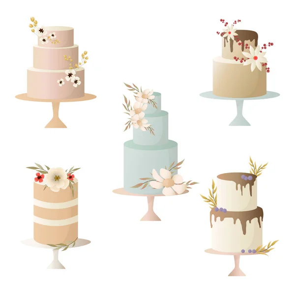 Torta Nuziale Decorata Con Fiori Foglie Torta Compleanno Nuziale — Vettoriale Stock