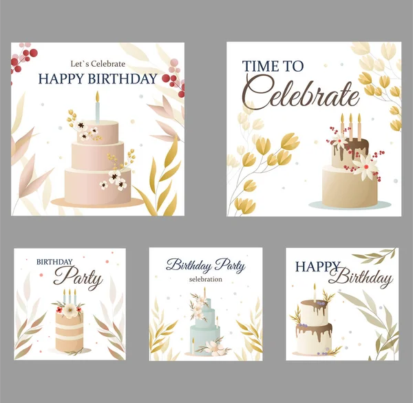 Geburtstagskarte Mit Kuchen Blumen Kerzen Und Glückwünschen Handgezeichnete Cartoon Vektor — Stockvektor