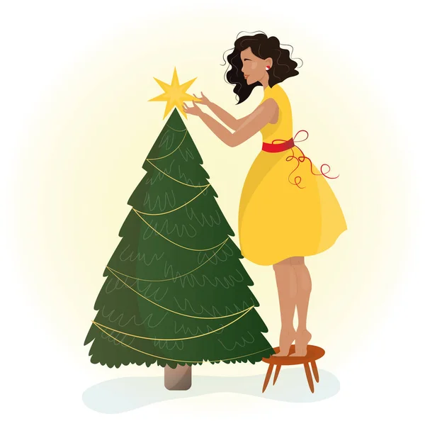 Menina Feliz Decorar Árvore Natal Com Guirlanda Estrela Natal Ano — Vetor de Stock