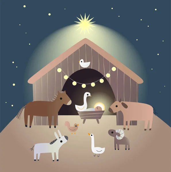 Dessin Animé Crèche Noël Avec Enfant Jésus Dans Crèche Avec — Image vectorielle