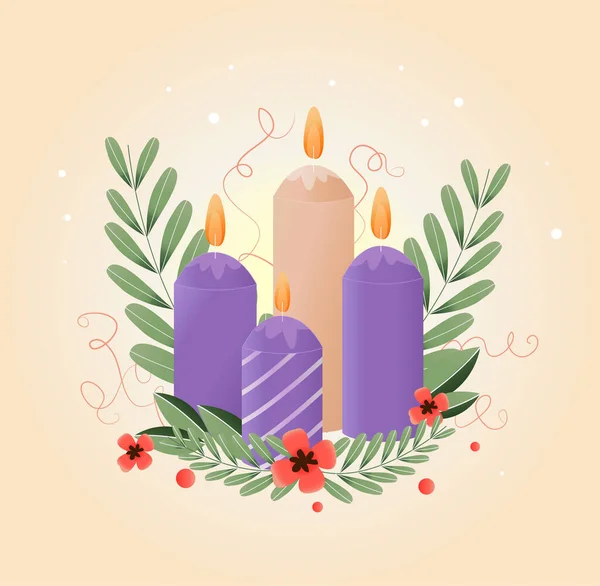 Karácsonyi Üdvözlőlap Gyertyákkal Fagyöngyökkel Adventet Szimbolizálva Ünnepi Illusztráció — Stock Vector