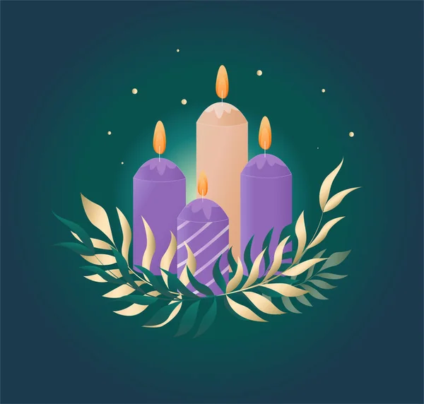 Weihnachtskarte Mit Kerzen Und Misteln Die Den Advent Symbolisieren Urlaubsillustration — Stockvektor