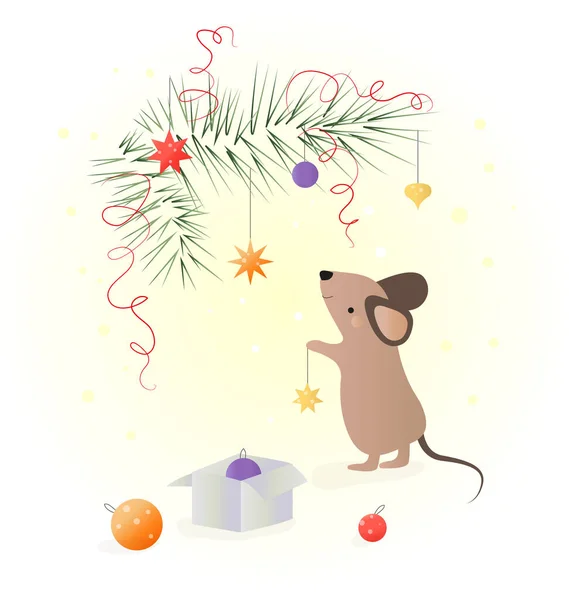 Pequeno Rato Decora Uma Árvore Natal Ilustração Cartão Natal — Vetor de Stock