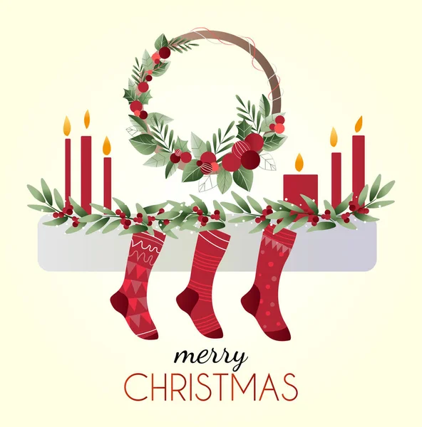 Düz Şömine Noel kartı. Noel kartı. Hediyeler, mumlar ve Noel çelengi için şömineye asılıydı.