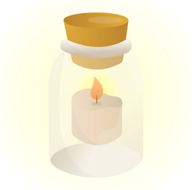 Sihirli kıvılcımlarla şişedeki mum. Mum ışığı şişenin içinde. Vektör çizimi. Karanlıkta mum. Çocuk posteri.