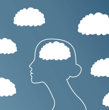 Bulutlarda bir kızın kafası. psikolojik illüstrasyon