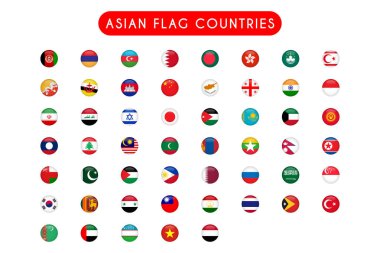 All of Asian countries flag round 3d vector illustration