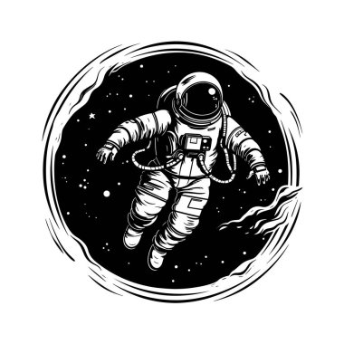 Uzaydaki astronotun siyah-beyaz 2d çizimi