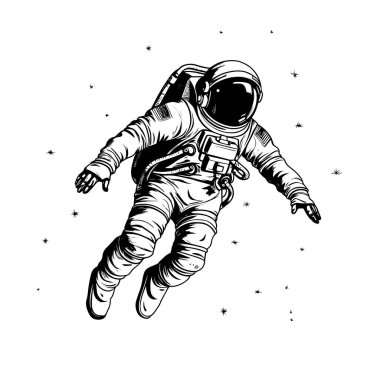 Uzaydaki astronotun siyah-beyaz 2d çizimi