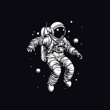 Black and white 2d illustration of astronaut in space clipart