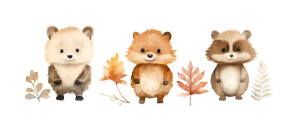 Sada Akvarelu Podzimní Zvířata Ilustrace — Stockový vektor