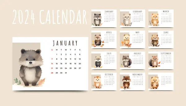 New Year 2024 Watercolor Autumn Calendar Template — Stock Vector
