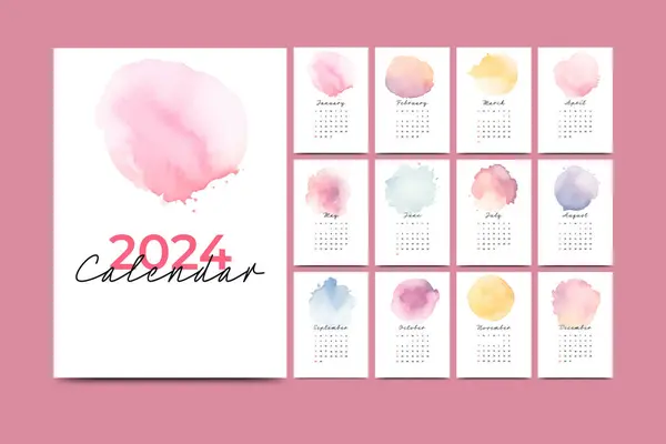 2024 Annual Calendar Template Watercolor Theme — Stock Vector