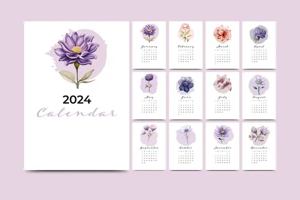 2024 Annual Calendar Template Watercolor Floral Theme — Stock Vector