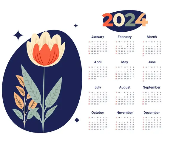 Jahreskalender 2024 Mit Naturmotiv — Stockvektor