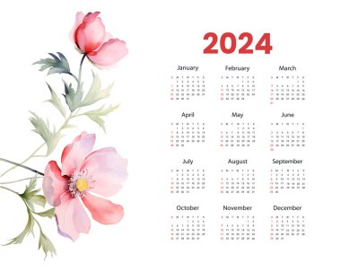 Suluboya çiçek temalı 2024 yıllık takvim şablonu