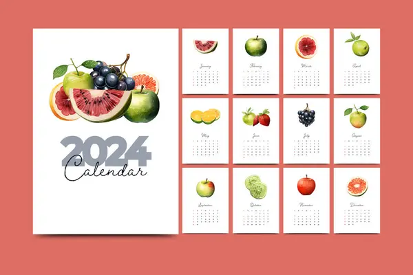 New Year 2024 Annual Calendar Template Fruit Illustration — Stock Vector