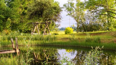 Arka planda salıncaklar olan bir gölet