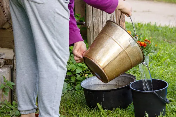 Bir kadın bir kova suyu suluyor..
