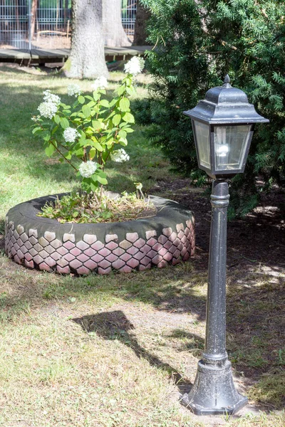 A garden light pole with a tractor tire as a flowerbed in the ba