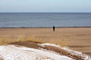 Baltık Denizi kıyısında, kumların arasında kar var.