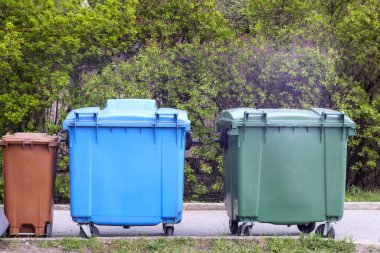 yeşil, mavi ve kahverengi çöp tenekeleri yeşil ağaçların ve çalıların önünde