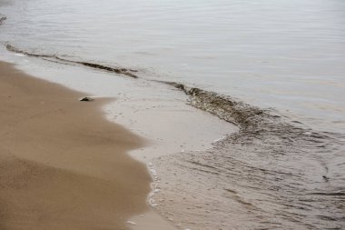 Sahili yıkayan küçük dalgalarla dolu kumlu bir sahil..