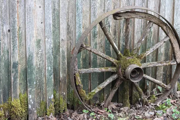 Bir at arabasının eski ahşap tekerleği.