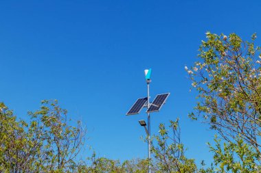 Yeşil ağaçlarla çevrili ve önünde mavi gökyüzü olan güneş panelleri ve mavi ışıklarla dolu bir sokak lambası..