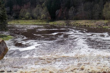 Küçük bir şelalesi olan bir nehir ya da suyun köpürdüğü ön planda akarsular, fakat daha uzakta sakin bir şekilde akar ve kıyılarda ağaçlar ve yeşillikler görülebilir..